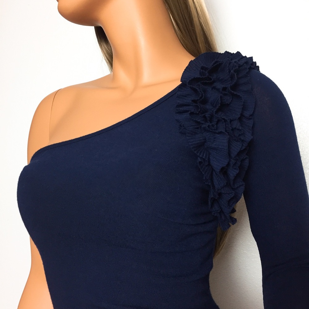 New! Navy Blue Ruffled One Shoulder Knit Top